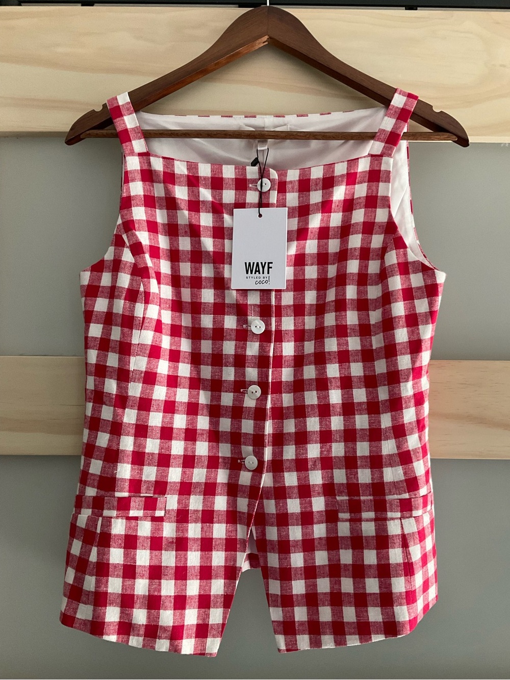 WAYF x Styled by Coco Red Gingham Linen Blend Sleeveless Top NWT Small